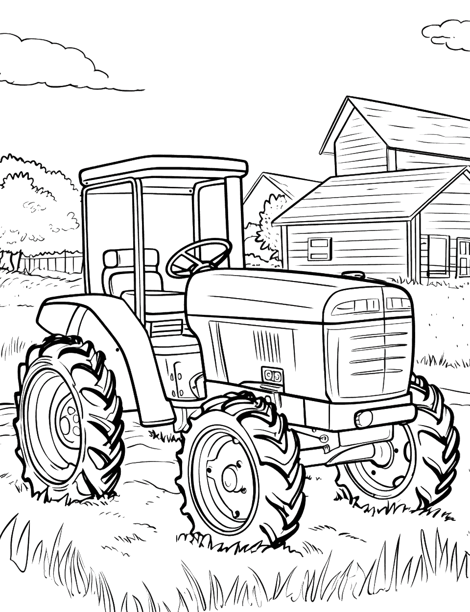 Tractor by the Farm Coloring Page - A tractor parked near a farmhouse.