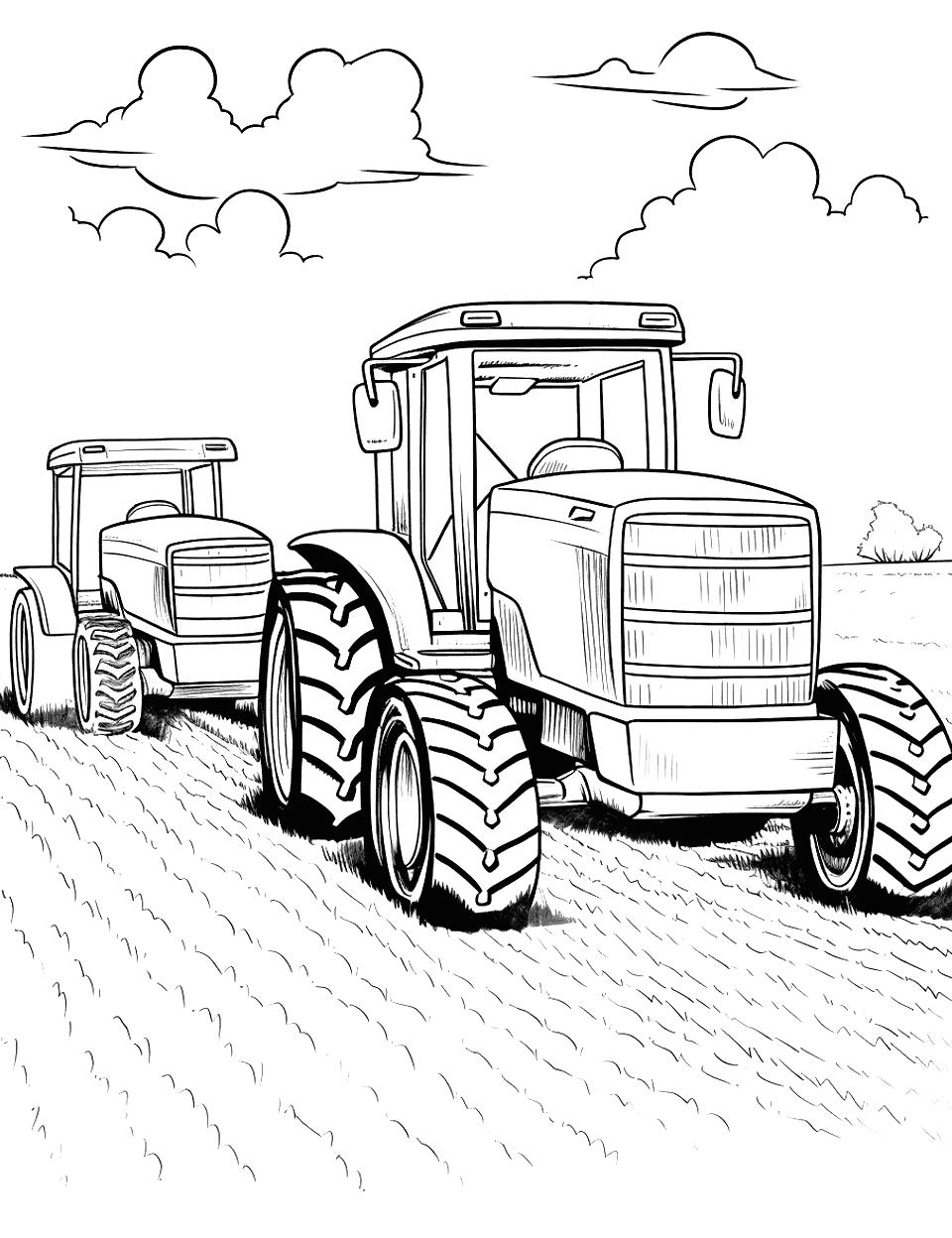 Tractor Showdown Coloring Page - A scene featuring two tractors goin in same direction as if racing.