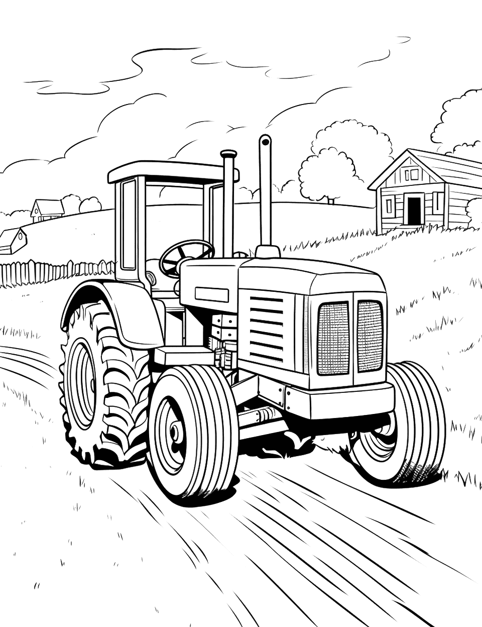 Tractor on a Country Road Coloring Page - A tractor driving along a simple country road, with fields on either side.