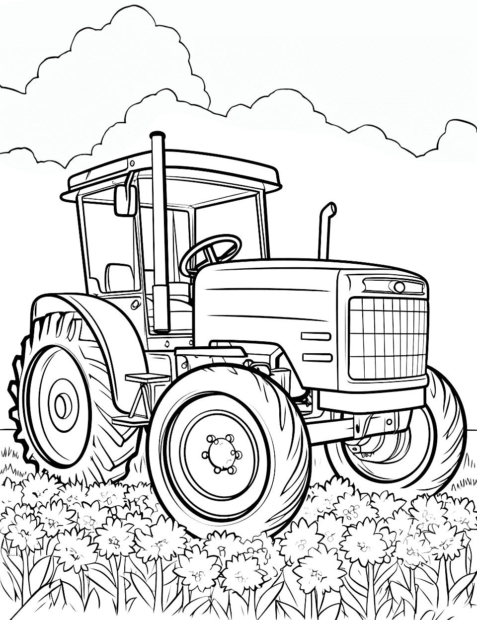 Tractor with Flowers Coloring Page - A scene where a tractor is surrounded by a field of tall flowers.