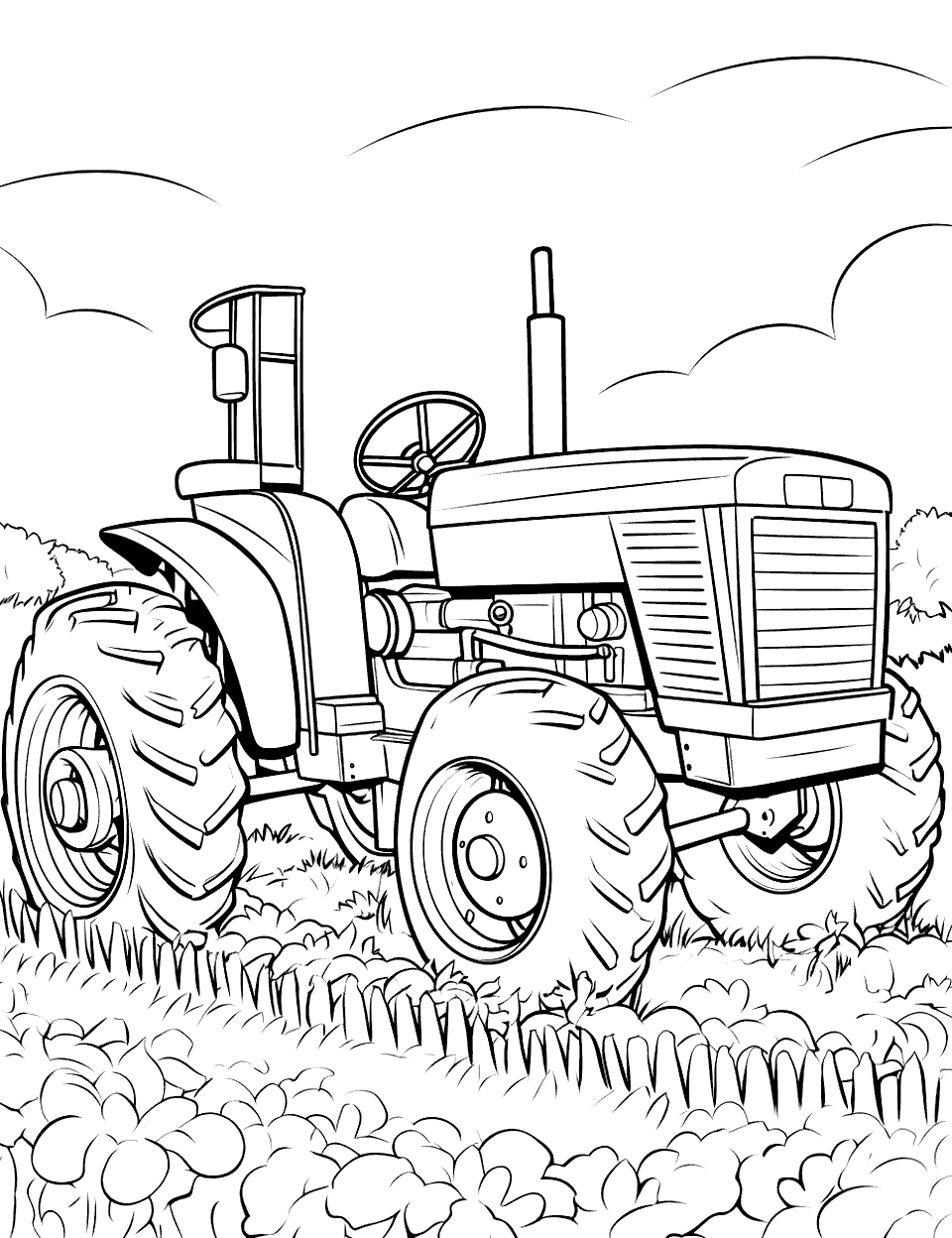 Tractor at the Pumpkin Patch Coloring Page - A tractor beside a field for pumpkins.