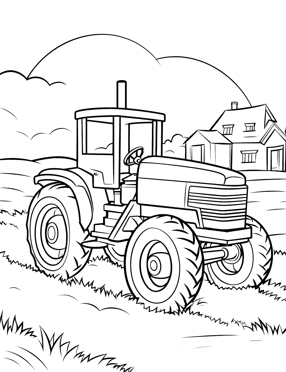 CAT Tractor and Farm Coloring Page - It is a classic scene with a CAT-style tractor and an old-style farm in the background.
