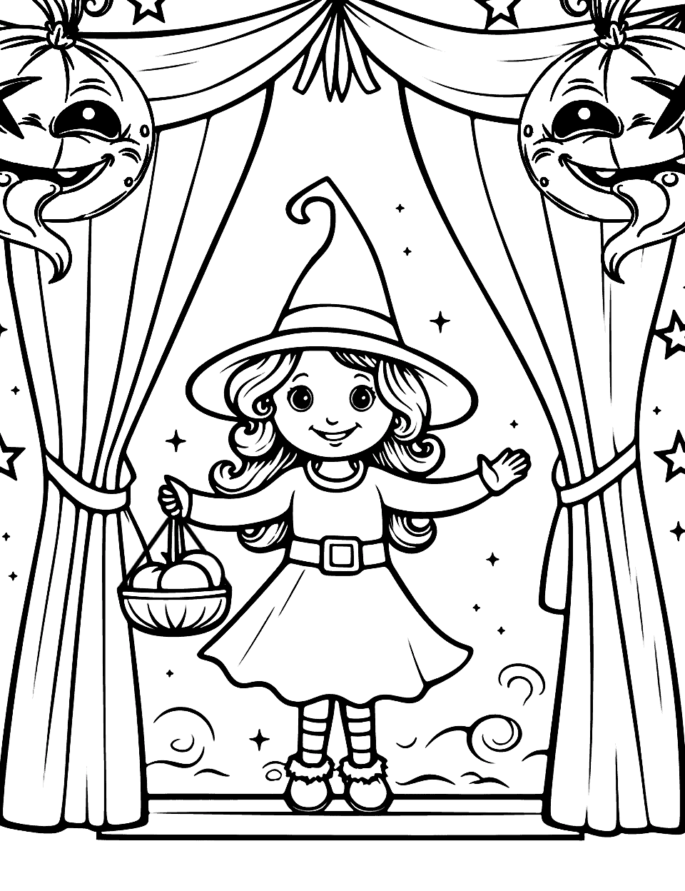 Witch's Theatre Performance Witch Coloring Page - A witch acting on a stage with simple props and a curtain.