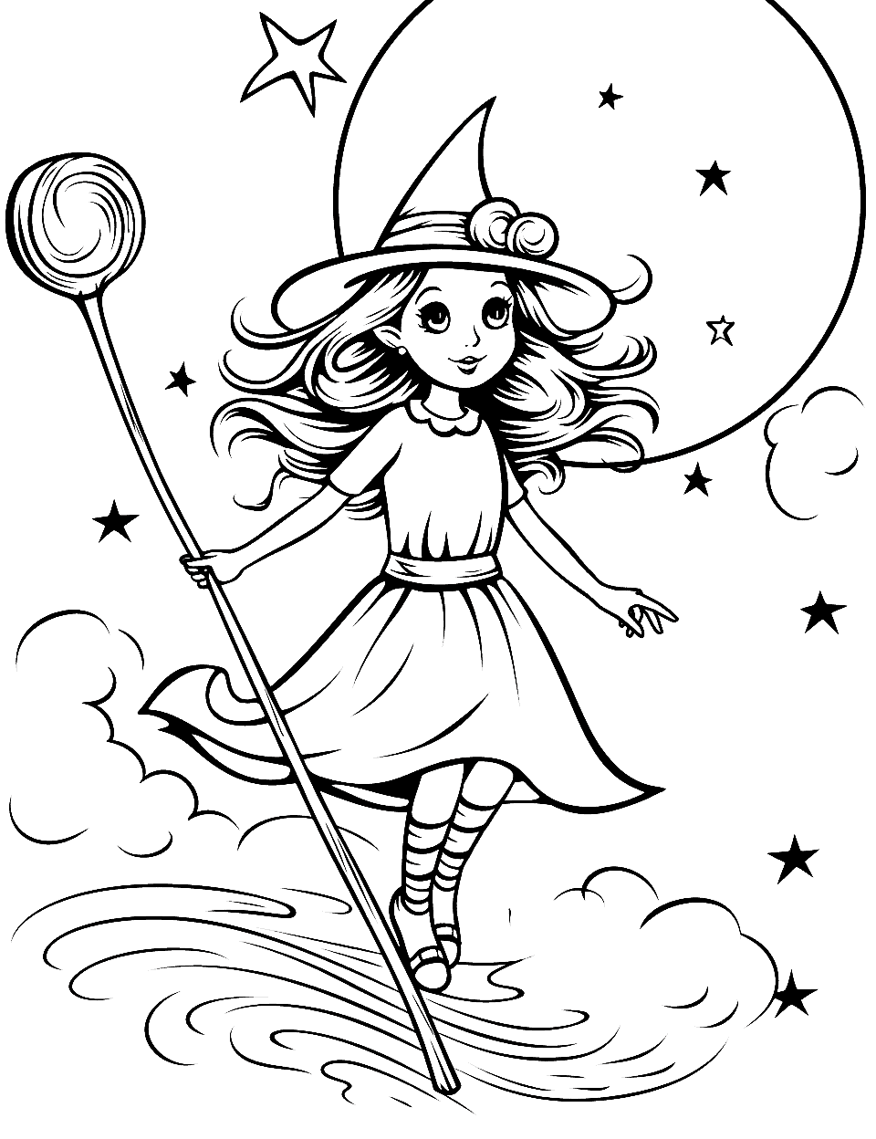 Witch's Moonlit Flight Witch Coloring Page - A witch flying across a starry night sky in a unique way.