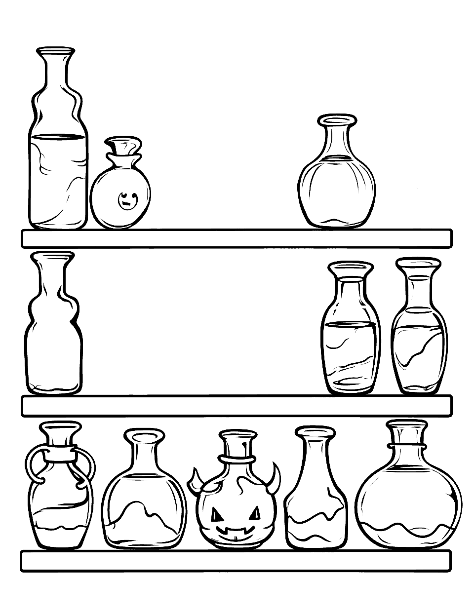 Witch's Giant Potion Bottles Witch Coloring Page - A variety of colorful and oddly shaped huge potion bottles on a big shelf.