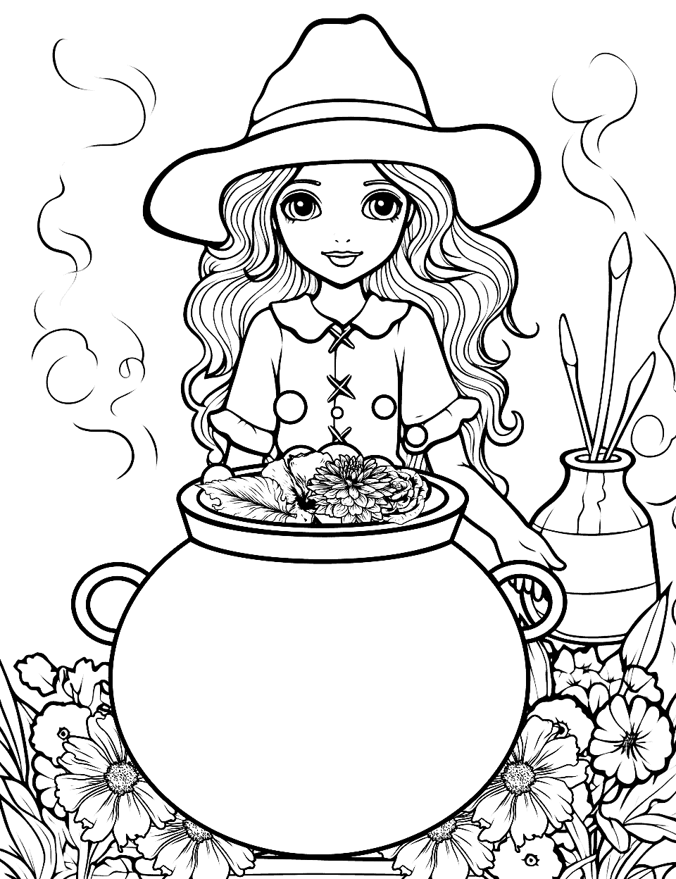 Summer Witch Festival Coloring Page - A witch making potions with summer flowers.